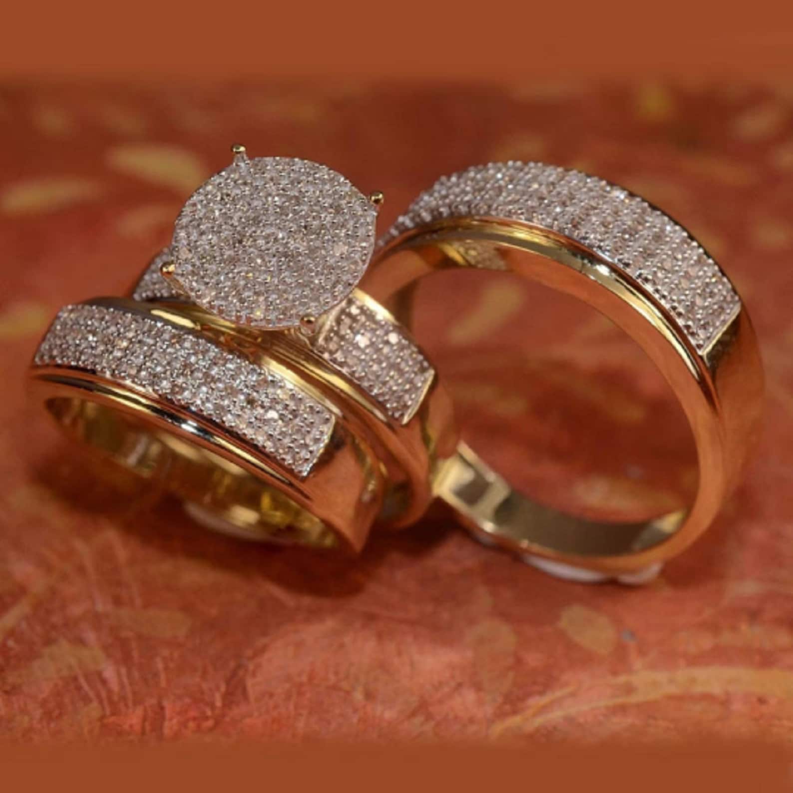Bluebelljewels 14k Yellow Gold Plated Trio Ring Set Gift For Her Wedding Ring Set 925 Silver Round Cut Diamond